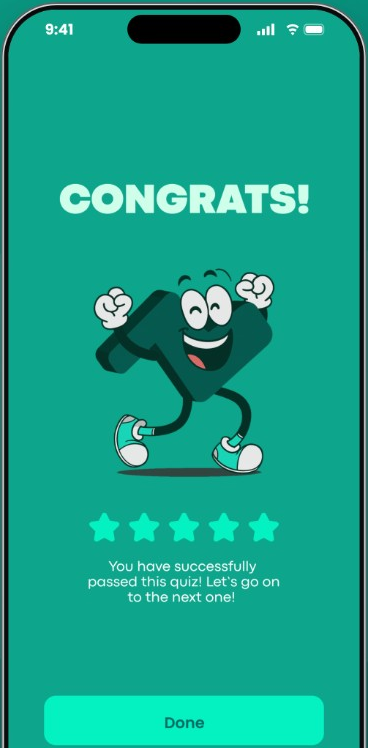 Nuvi celebrating a passed quiz with five stars