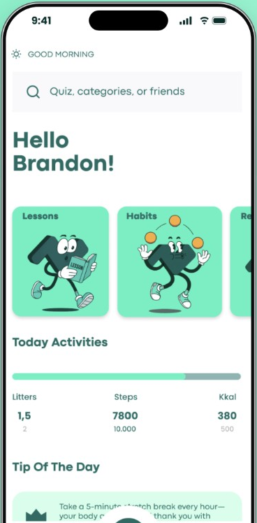 Nutivate home screen with lessons, habits and today's activity